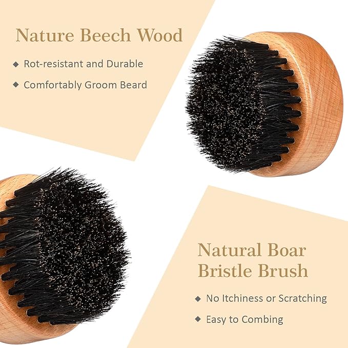 Men's Beard Grooming Kit: Natural Boar Bristle Brush, Pear Wood Dual-Sided Wide Tooth Comb